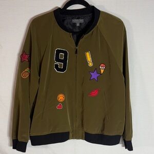 Highline Collective Olive Green Bomber Jacket w/ Colorful Patches-Size L Women’s